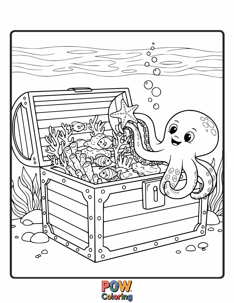 Free coloring page of A playful crab peeking out of an open treasure chest overflowing with colorful shells and pearls. Exciting discovery awaits!