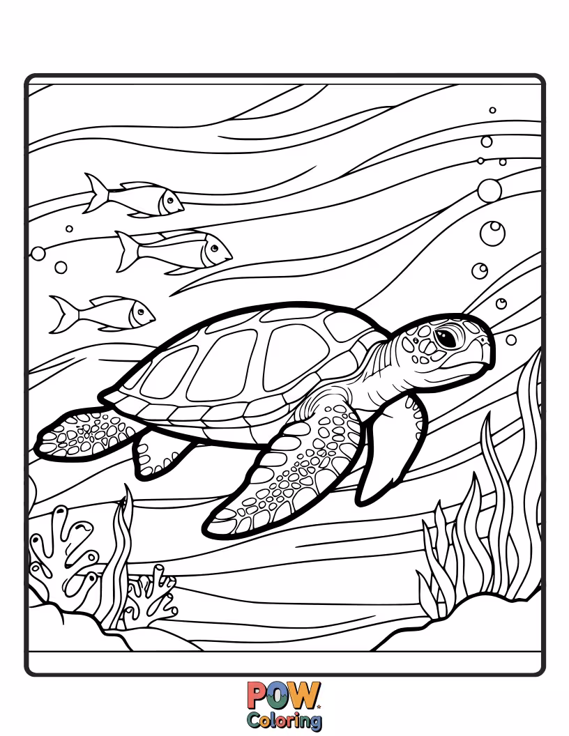Free coloring page of A wise old sea turtle with a shell adorned with tiny flowers, peacefully gliding through the water. Calmness and beauty.