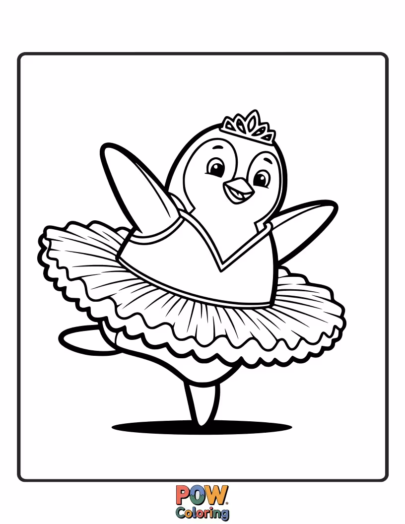 Free coloring page of A dapper penguin attempts a graceful plié, his flippers surprisingly elegant in a vibrant tutu. Wobbly but wonderful!
