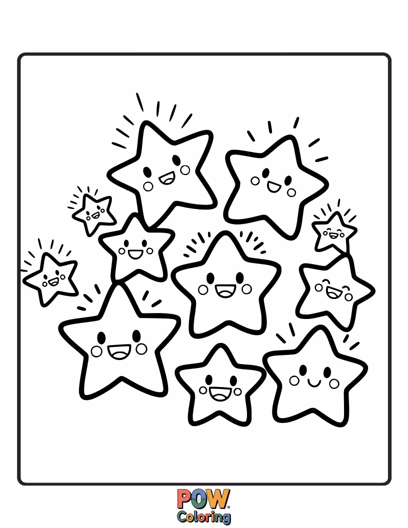 Free coloring page of A collection of various star faces, each with a unique, expressive, and charming emotion.