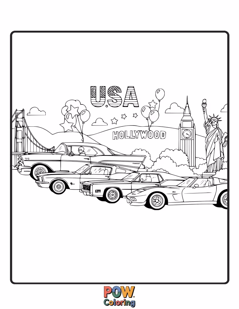 Free coloring page of Rev up your crayons for a cool collection of iconic American automobiles from different eras. Vroom!