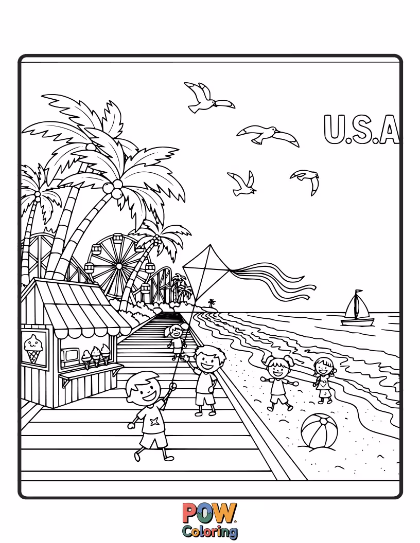 Free coloring page of Capture the lively atmosphere of an American boardwalk with arcades, piers, and beachgoers enjoying the sun.