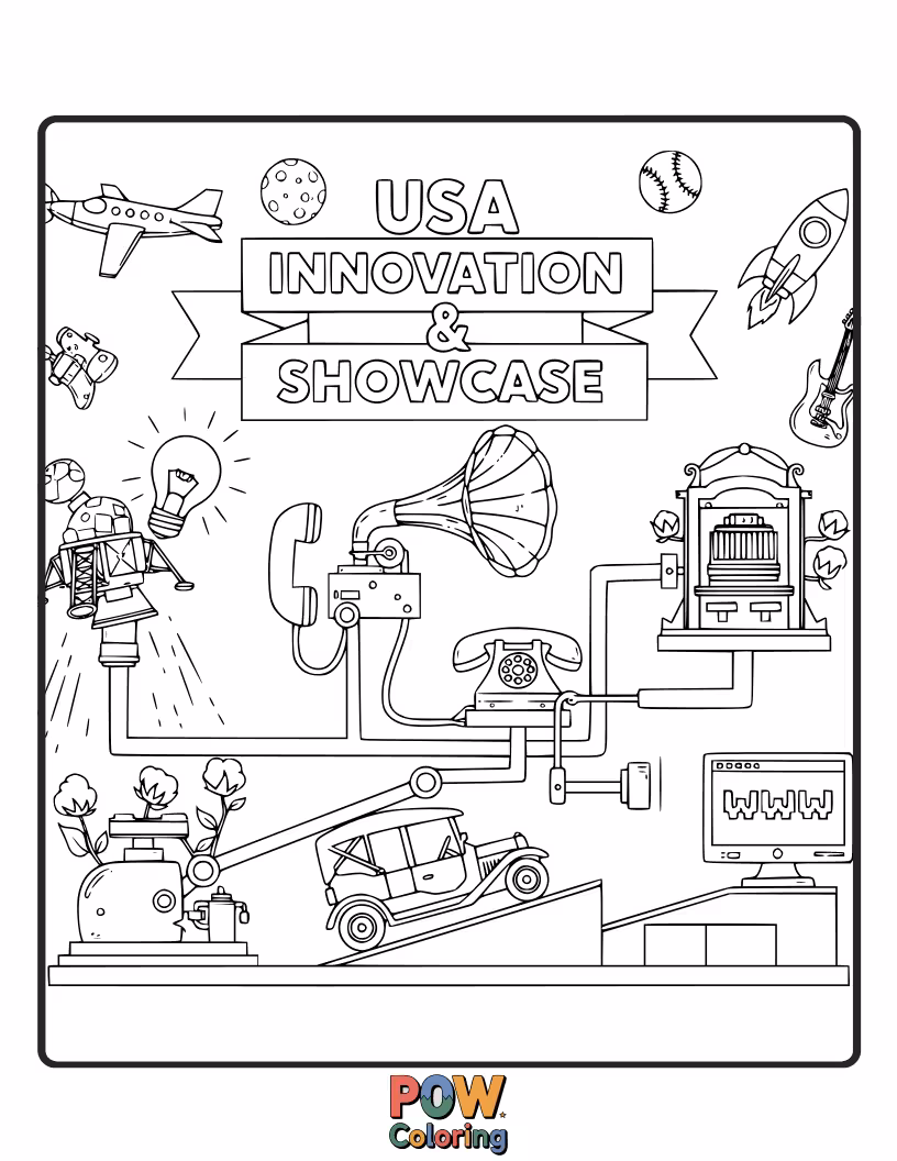 Free coloring page of Illustrate groundbreaking American inventions that changed the world, from the lightbulb to the computer.