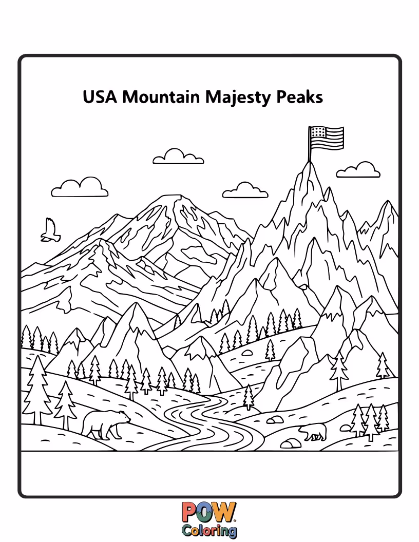 Free coloring page of Color the rugged beauty of America's mountain ranges, from the Rockies to the Appalachians, with majestic wildlife.