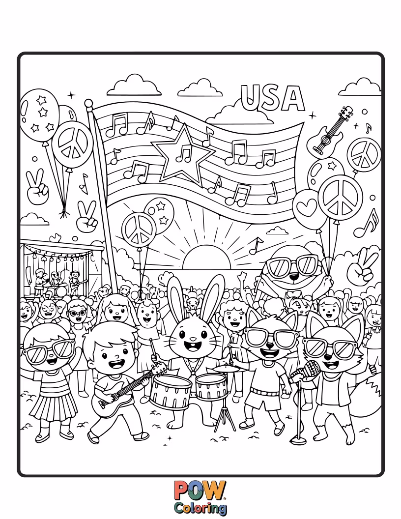 Free coloring page of Get into the groove with a lively scene of musicians performing and fans enjoying an outdoor American music festival.