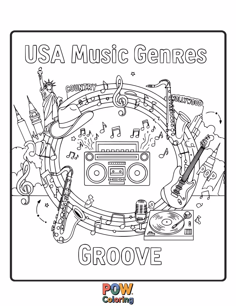 Free coloring page of Explore America's rich musical heritage: jazz, blues, rock, country, hip-hop, represented by instruments and lively scenes.