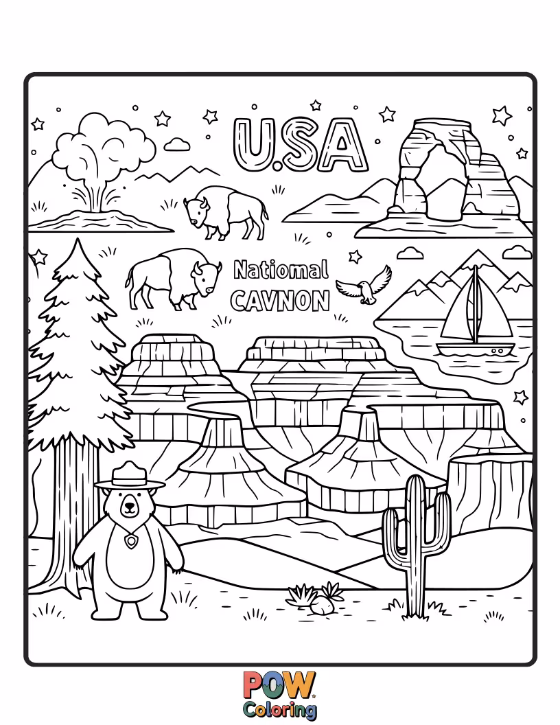 Free coloring page of Journey through breathtaking national parks: Yellowstone's geysers, Yosemite's granite cliffs, the Grand Canyon's depths.