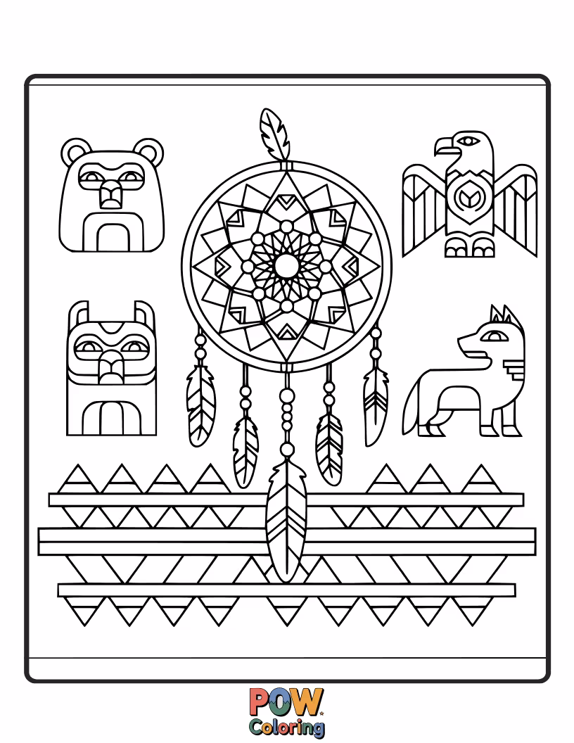 Free coloring page of Celebrate the rich traditions and art of Native American tribes with intricate patterns and spiritual symbols.