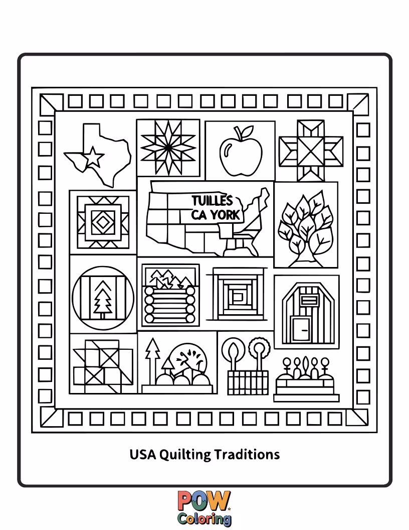 Free coloring page of A beautiful mosaic of traditional American quilt patterns, offering intricate designs for creative coloring.