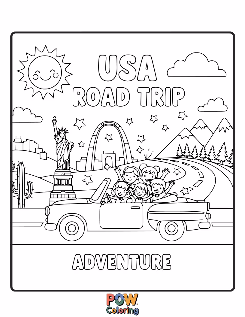 Free coloring page of Visualize an epic cross-country journey with diverse landscapes, from deserts to mountains, highlighting the vastness of America.