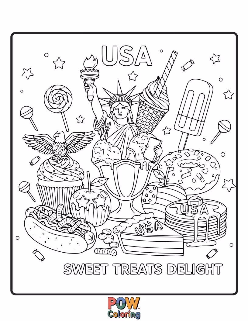 Free coloring page of Indulge in coloring delicious American desserts: apple pie, donuts, ice cream cones, and more. A sugary fun page!