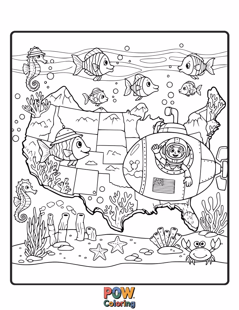 Free coloring page of Dive into America's coastal waters and ocean reserves, coloring vibrant coral reefs and marine life.