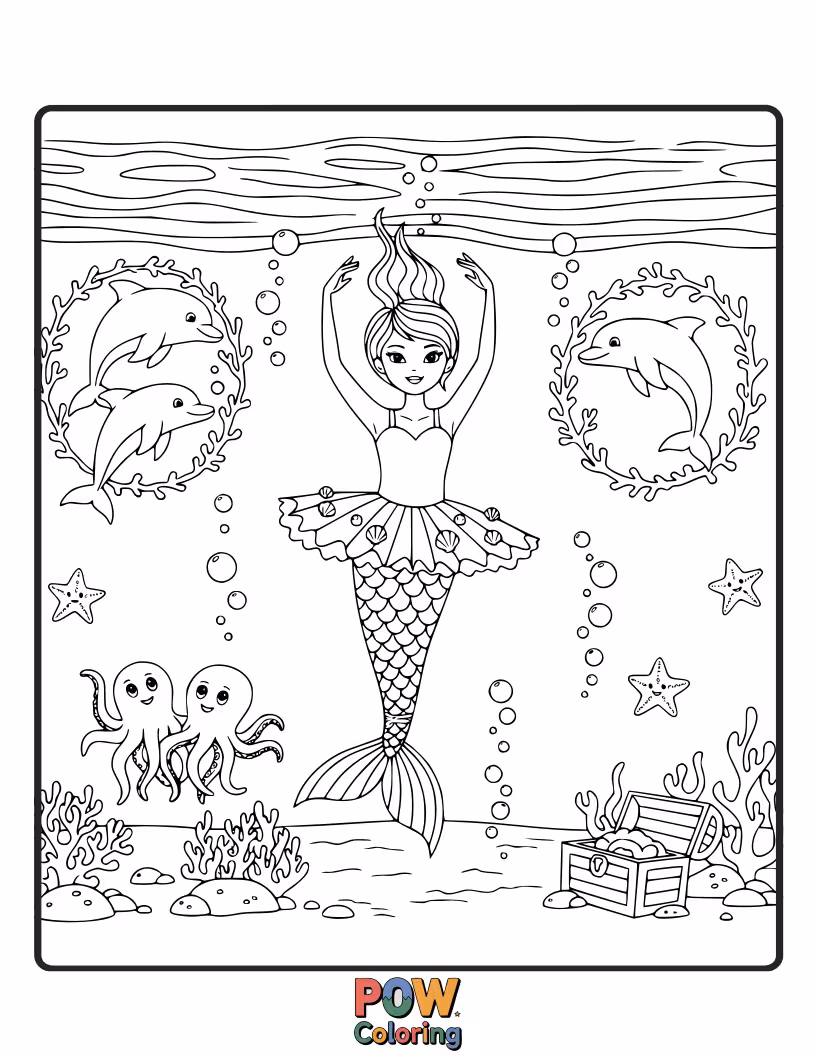 Free coloring page of A graceful ballerina dances beneath the waves, surrounded by playful fish and shimmering seaweed.