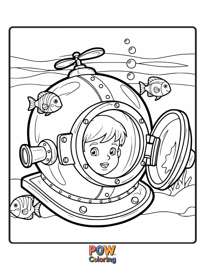 Free coloring page of A quirky diver's helmet hat with bubbling details and a curious little fish peeking out. Dive in!