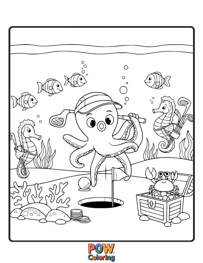 Free coloring page of A curious octopus playing golf underwater, using a seashell as a club and a pearl for a ball.