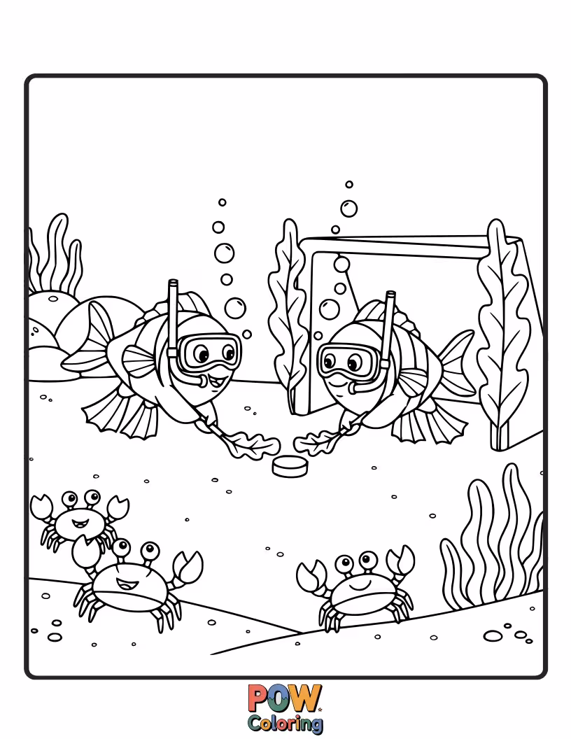 Free coloring page of Mermaids and mermen playing hockey in a coral reef, using seashells as pucks and seaweed as nets. Beautiful ocean magic!