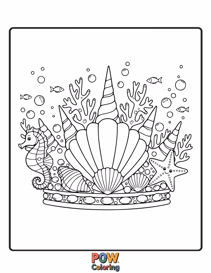 Free coloring page of A majestic crown adorned with seashells, coral formations, and tiny, friendly sea creatures.
