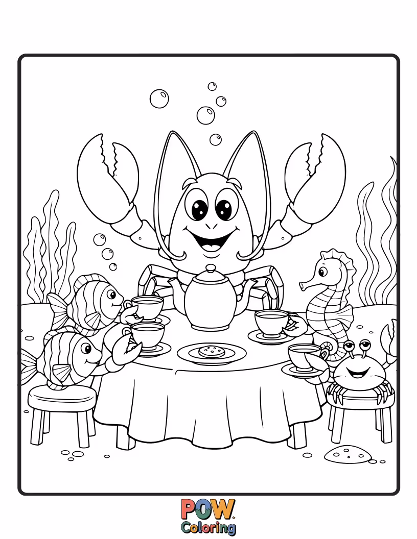 Free coloring page of A sophisticated lobster hosting a whimsical tea party with teacups and tiny sandwiches amidst coral and bubbles.