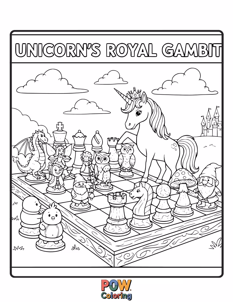 Free coloring page of A majestic unicorn gracefully moving a knight, its horn sparkling with magical energy on a rainbow board.