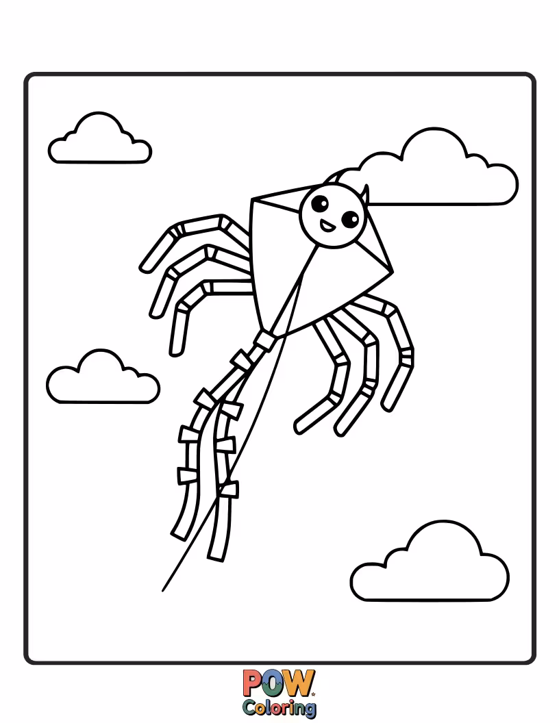 Free coloring page of A playful spider flying a colorful kite shaped like a butterfly. Promotes a sense of freedom and lighthearted fun.