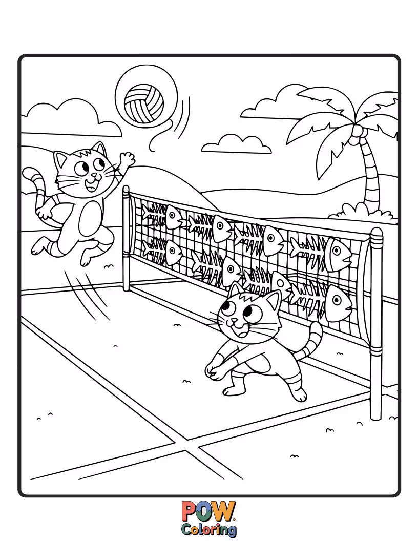 Free coloring page of Stylish cartoon cat with sunglasses spiking a volleyball on a modern court.