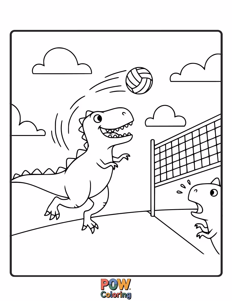 Free coloring page of Cute cartoon dinosaur with its tail out, trying to spike a volleyball.