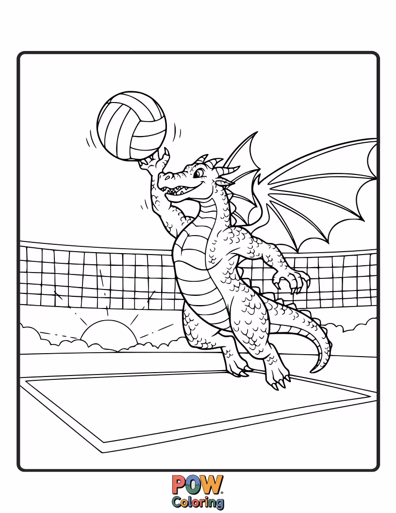Free coloring page of Gentle dragon playfully dunking a volleyball over a net.