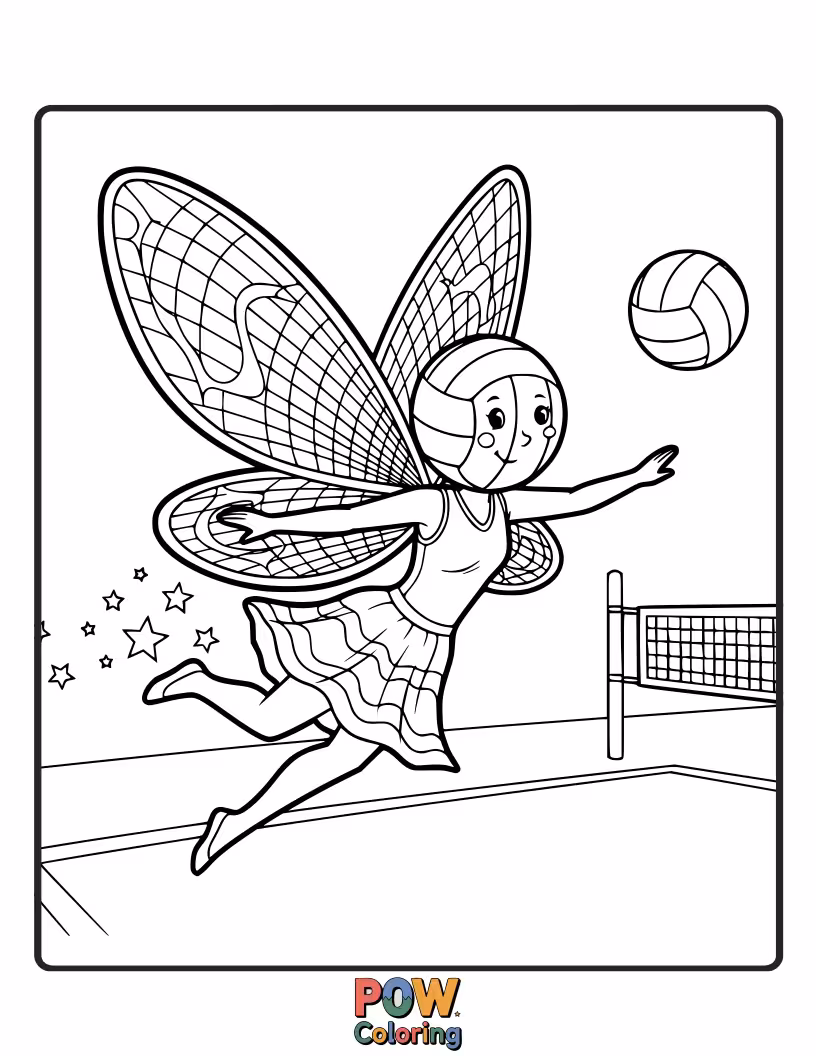 Free coloring page of Delicate fairy in a magical forest, gracefully spiking a volleyball near glowing mushrooms.