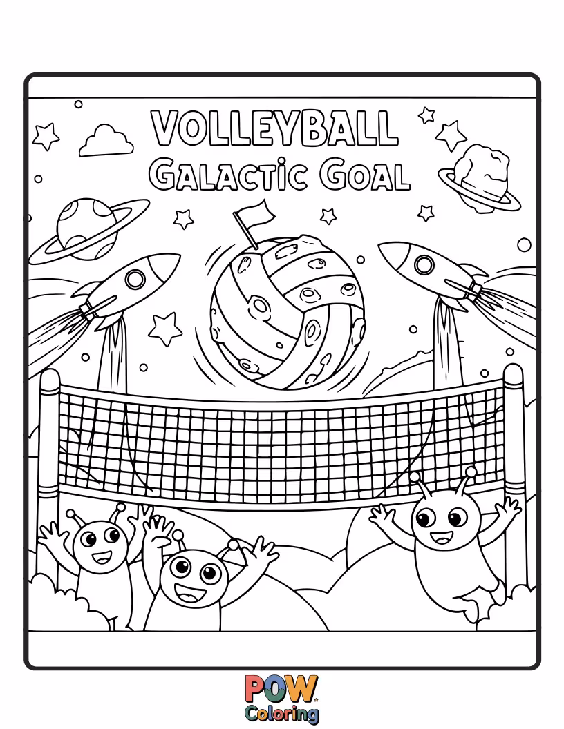 Free coloring page of Space explorer playing volleyball on an alien planet with a backdrop of stars and nebulae.