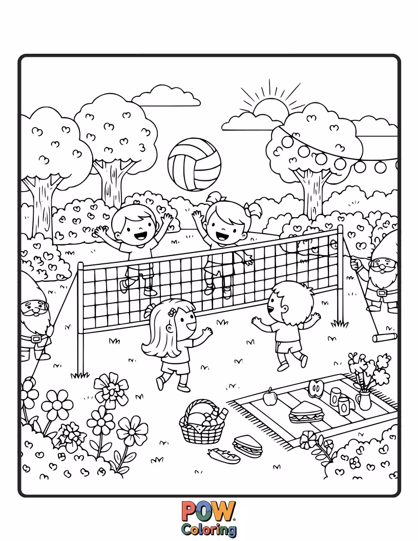 Free coloring page of Whimsical garden gnomes and insects having a delightful volleyball game among flowers.