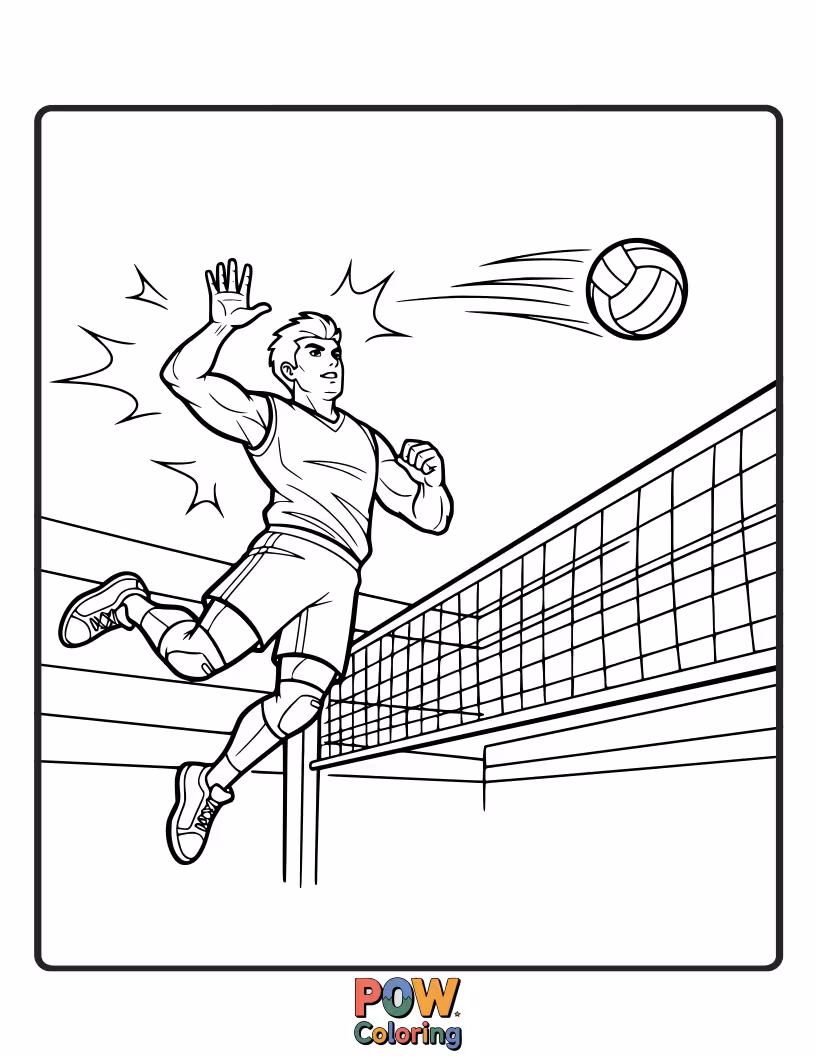 Free coloring page of Dynamic superhero character in a powerful pose, holding a volleyball ready for action.