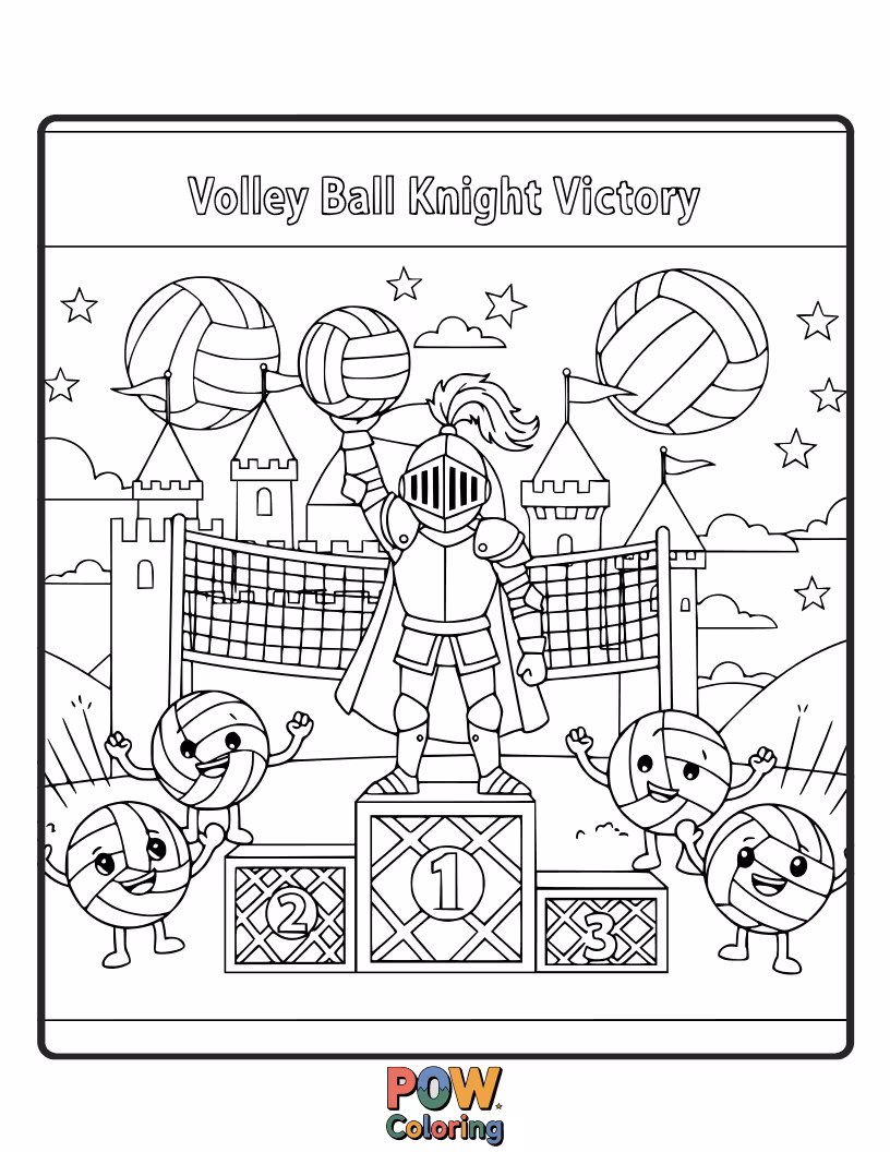 Free coloring page of Knight in armor celebrating a victory with a volleyball spike.