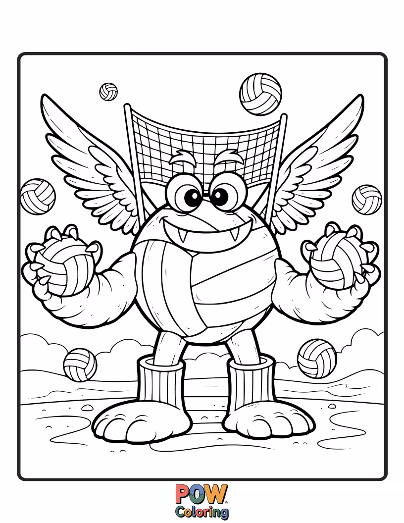 Free coloring page of Group of cheerful, funny monsters playing a lively game of volleyball together.
