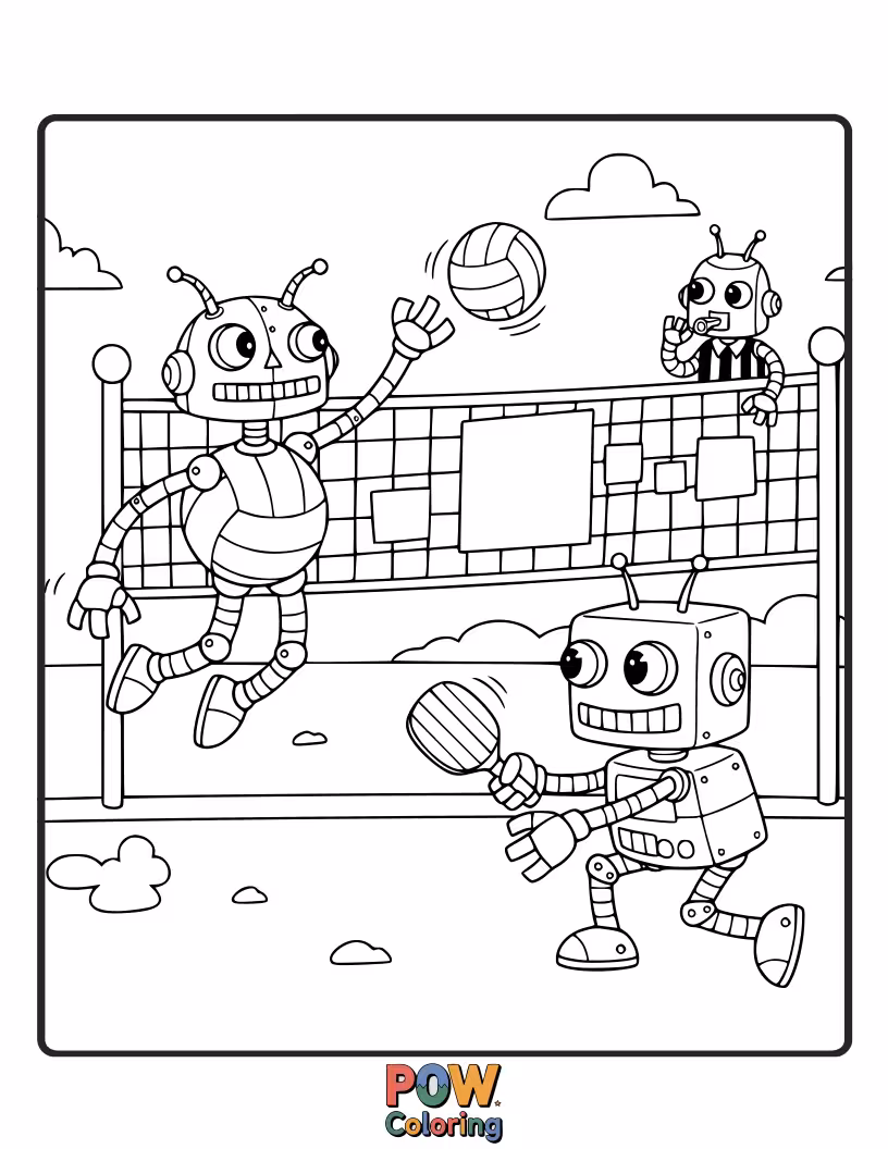 Free coloring page of Shiny robots with glowing wires playing a precise game of volleyball.