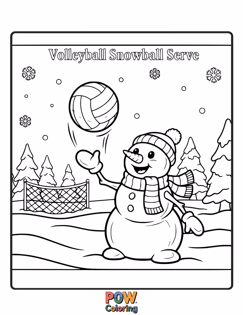 Free coloring page of Adorable polar bears and penguins playing volleyball with a snowball in a snowy environment.