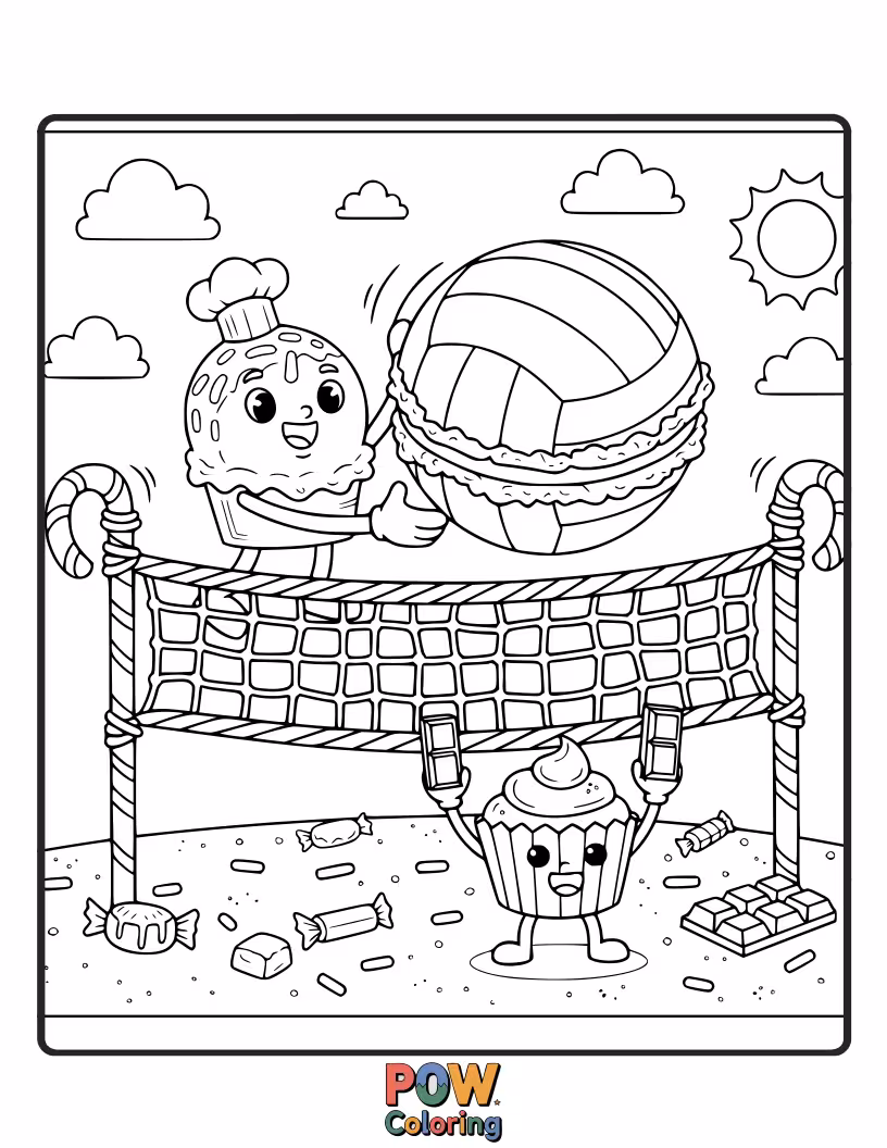 Free coloring page of Adorable volleyball designed as a colorful candy confection, ready for sweet coloring.