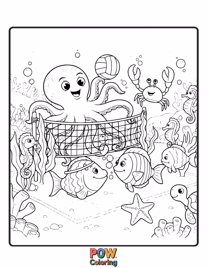 Free coloring page of Cute sea animals like dolphins and turtles playing volleyball amidst a vibrant coral reef.