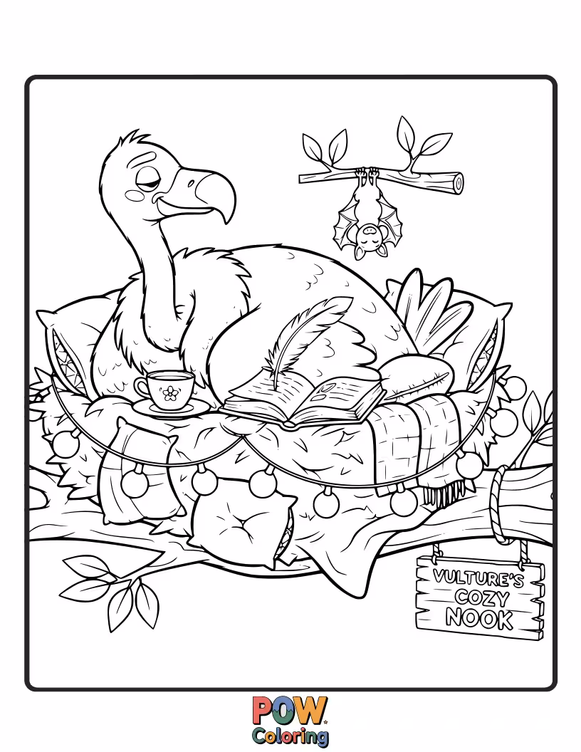 Free coloring page of A contented vulture nestled in a comfortable armchair, sipping from a steaming mug of tea.