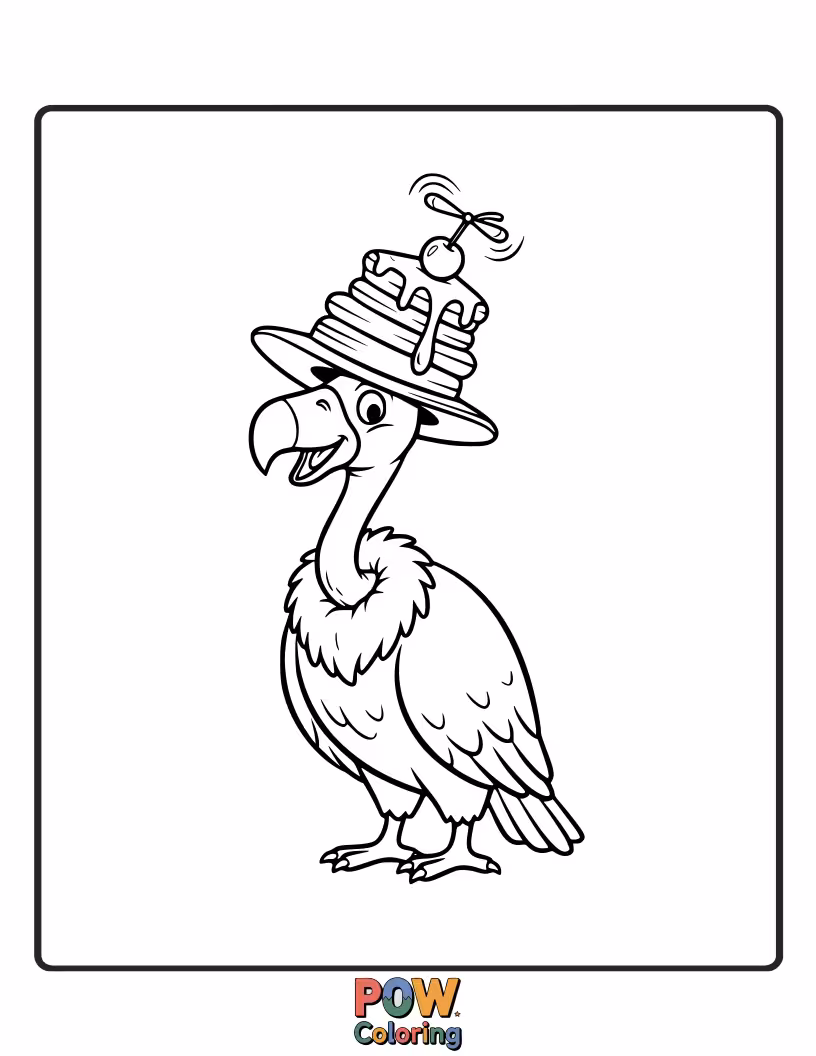 Free coloring page of A dapper vulture wearing a ridiculously tall and colorful hat, looking quite surprised by it.