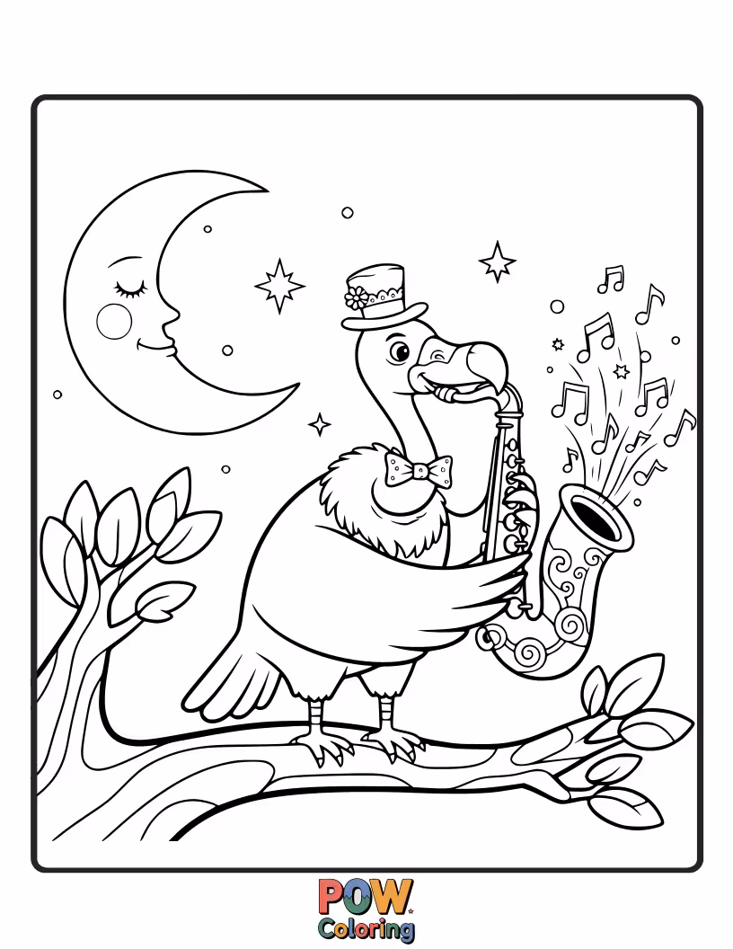 Free coloring page of A creative vulture playing a whimsical flute, its music conjuring swirling patterns in the air.
