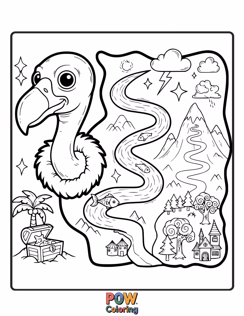 Free coloring page of An adventurous vulture studying an ancient, rolled-up treasure map filled with mysterious symbols.