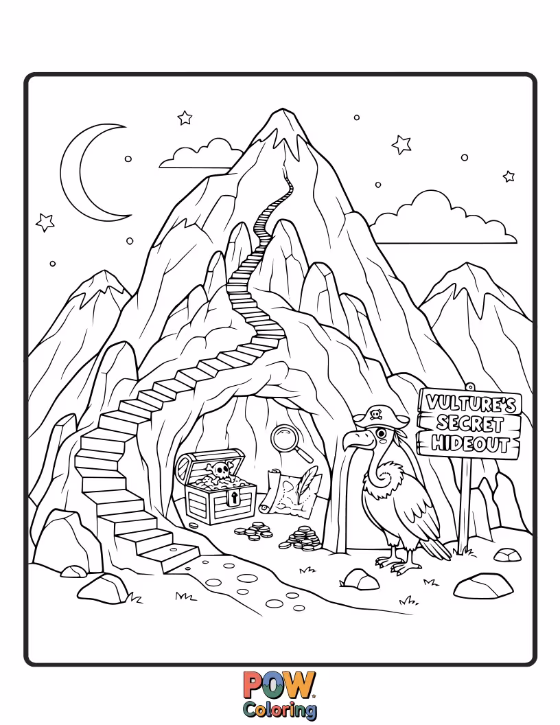 Free coloring page of A clever vulture peeking out from a hidden tree hollow, decorated with small trinkets.