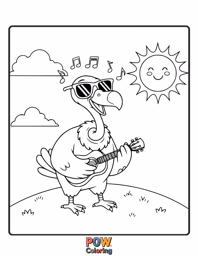 Free coloring page of A bright-eyed vulture singing a cheerful melody to the rising sun, surrounded by morning dew.