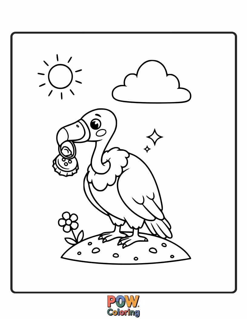 Free coloring page of A small vulture proudly holding a shiny pebble, its most prized possession.