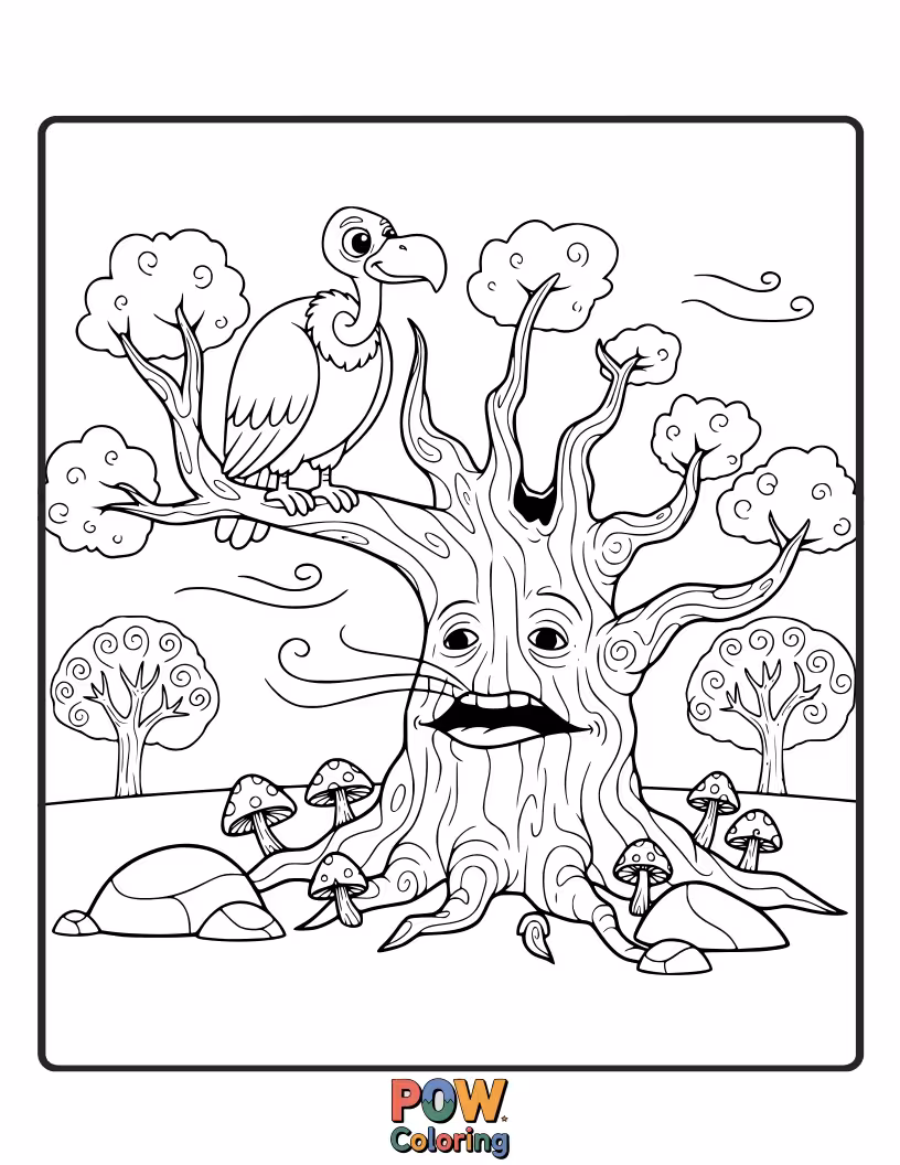 Free coloring page of A wise old vulture perched on a branch, seemingly sharing secrets with the ancient trees.