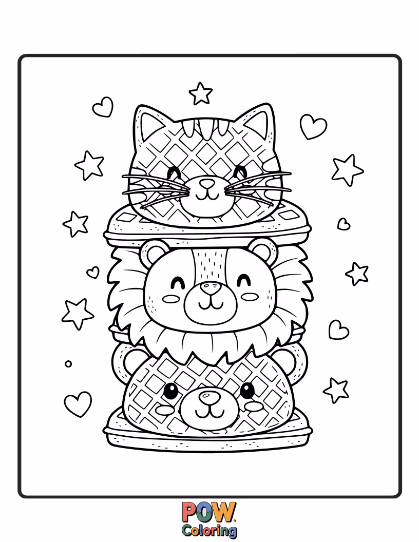 Free coloring page of Make new pals with cute waffle critters, like a bear and a bunny, sharing a delicious berry breakfast.