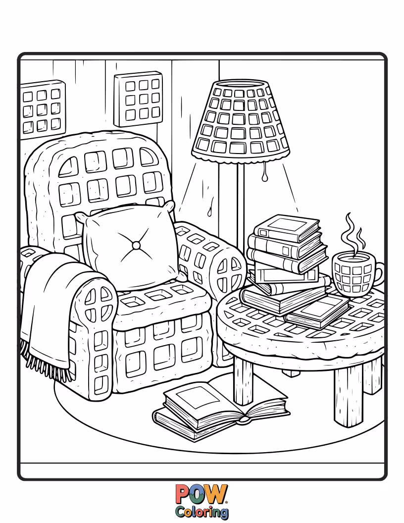 Free coloring page of Snuggle up with a book alongside a comforting waffle character, nestled in a warm, syrup-filled library.