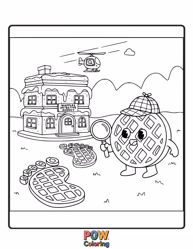 Free coloring page of Solve delicious mysteries with a waffle detective, following syrup clues and questioning berry witnesses.