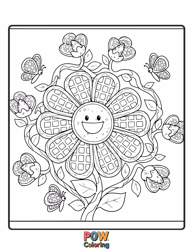 Free coloring page of Bloom with joy as waffles transform into beautiful flowers, with syrup petals and berry centers, in a vibrant garden.