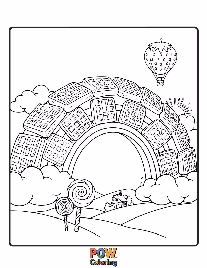 Free coloring page of Cross a vibrant rainbow made of syrup, leading to a stack of fluffy waffles in a sky of clouds.